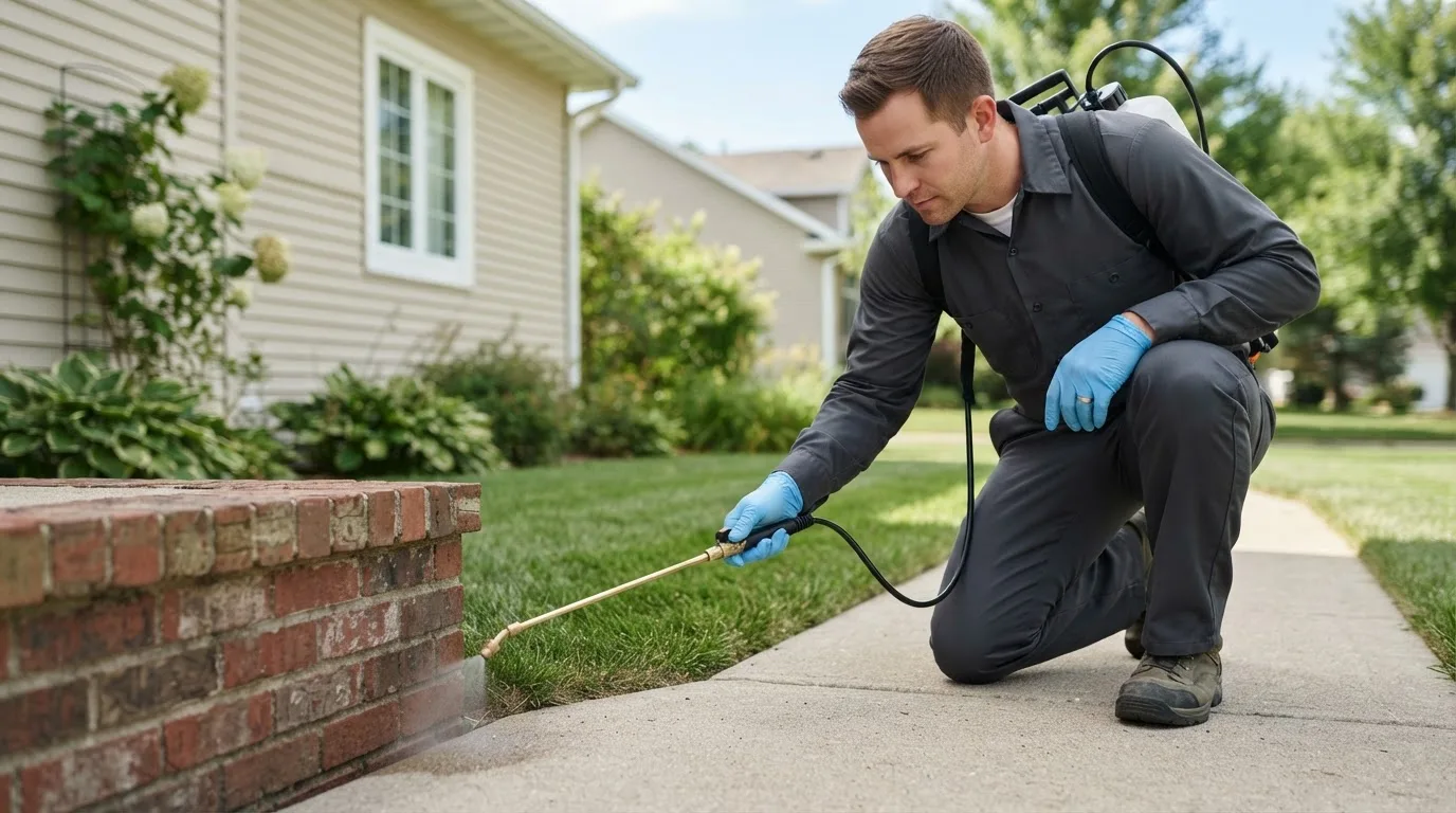 Pest control technician treating a home near Reed City, MI