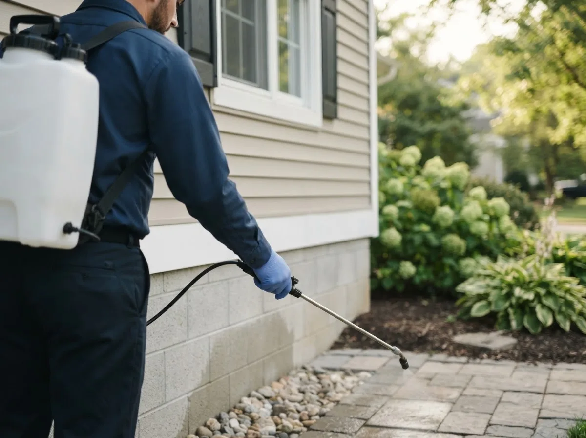 Pest control technician inspecting a home in Reed City, MI